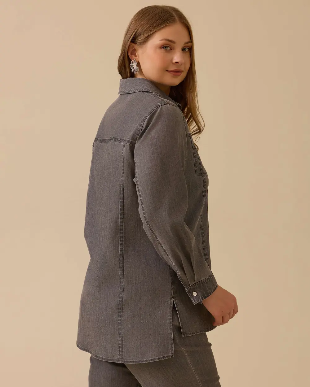 Büyük Beden Çıtçıt Düğmeli Jean Gömlek