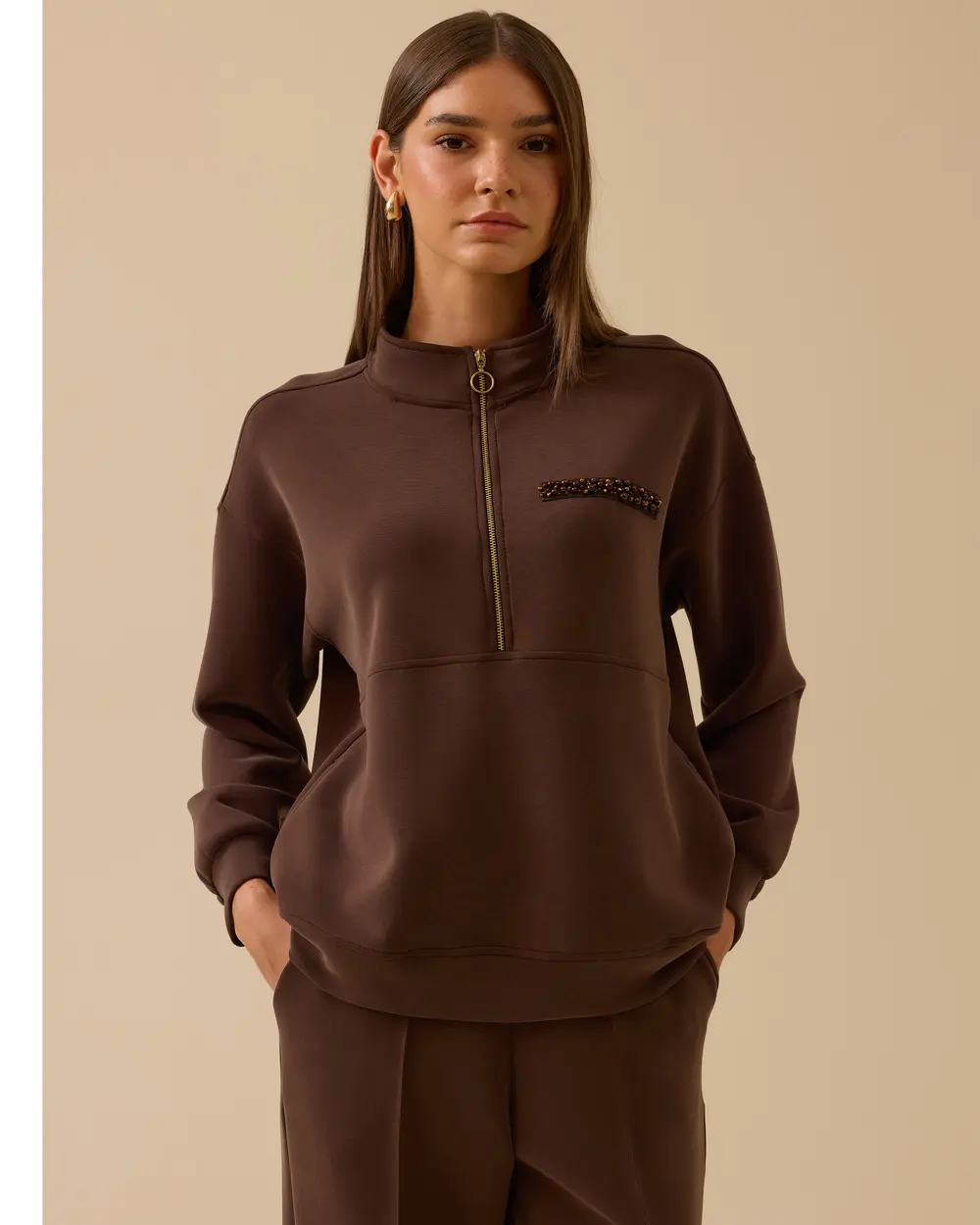 Boncuk Detaylı Fermuarlı Sweatshirt