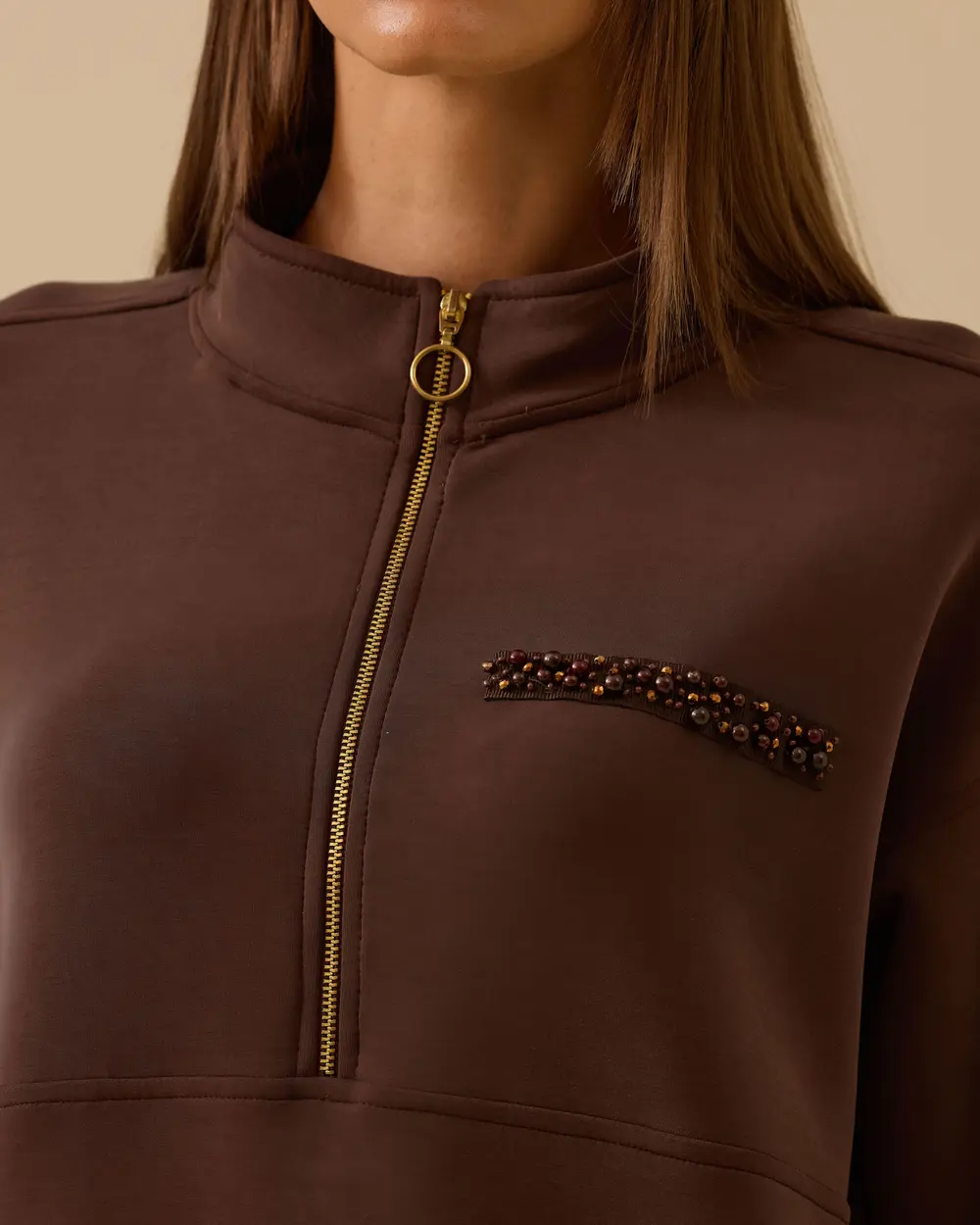 Boncuk Detaylı Fermuarlı Sweatshirt