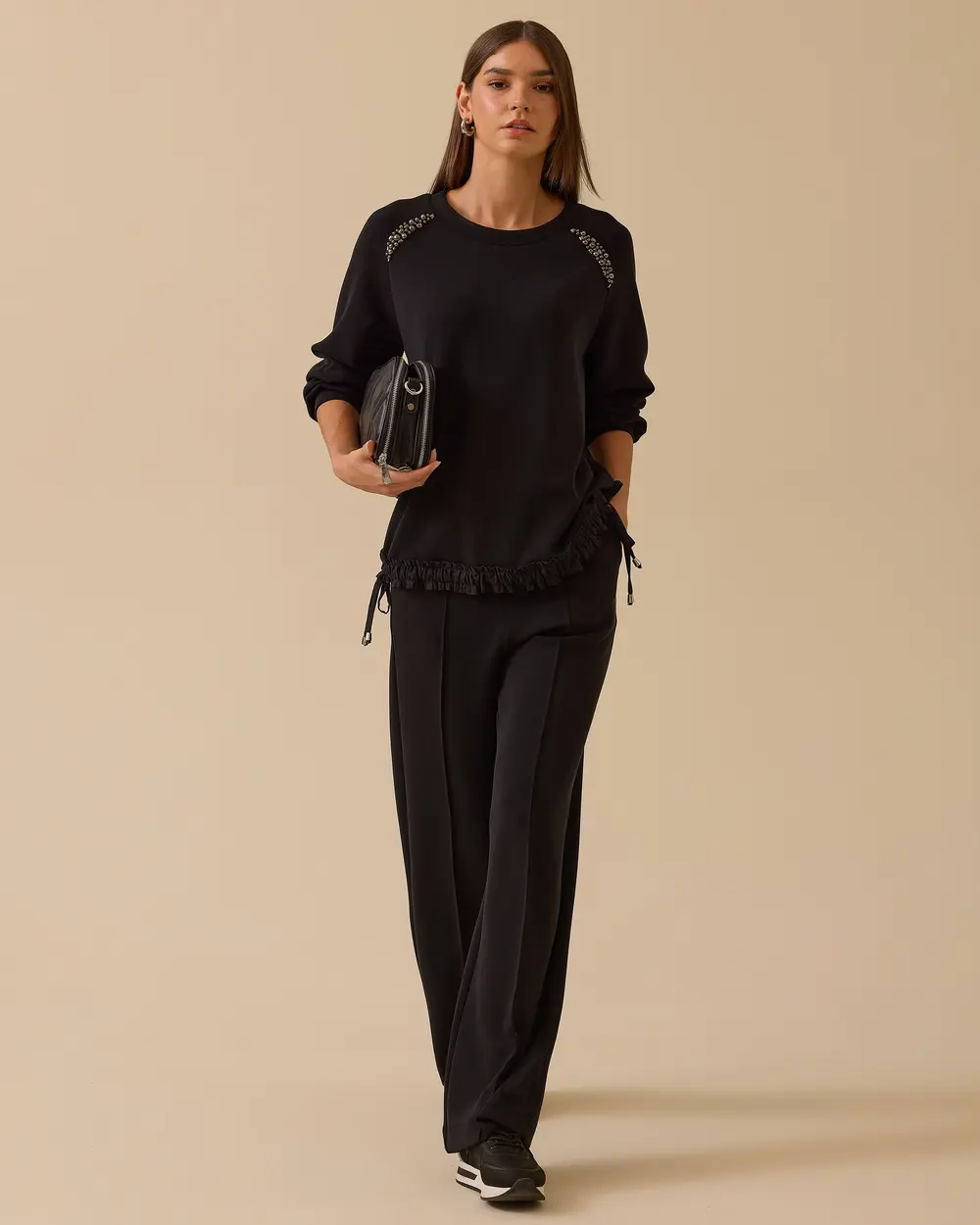 Omuz Taşlı Fırfır Bağcıklı Sweatshirt