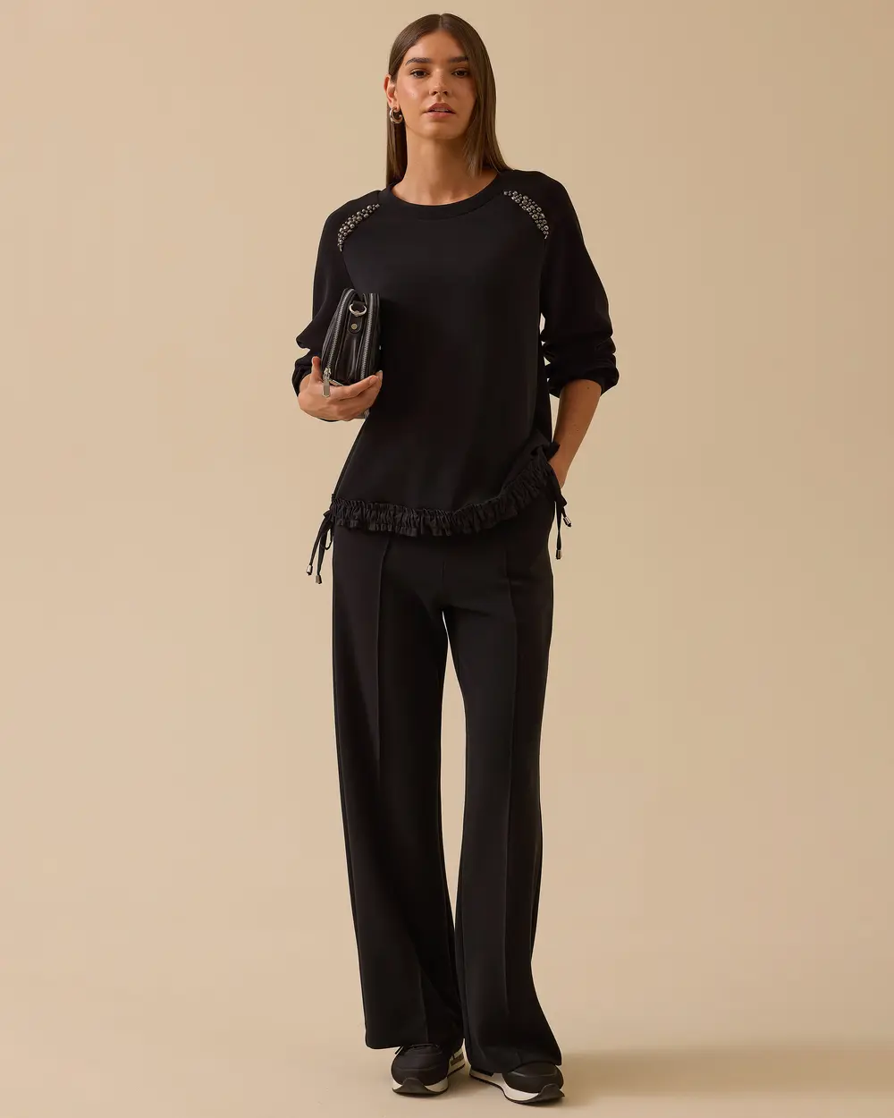 Omuz Taşlı Fırfır Bağcıklı Sweatshirt