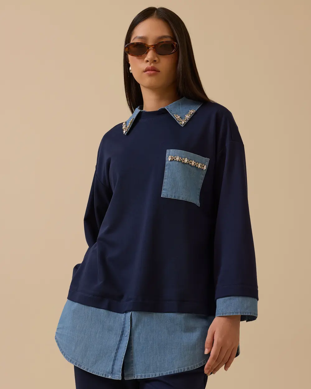 Çift Kumaşlı Taş Detaylı Sweatshirt