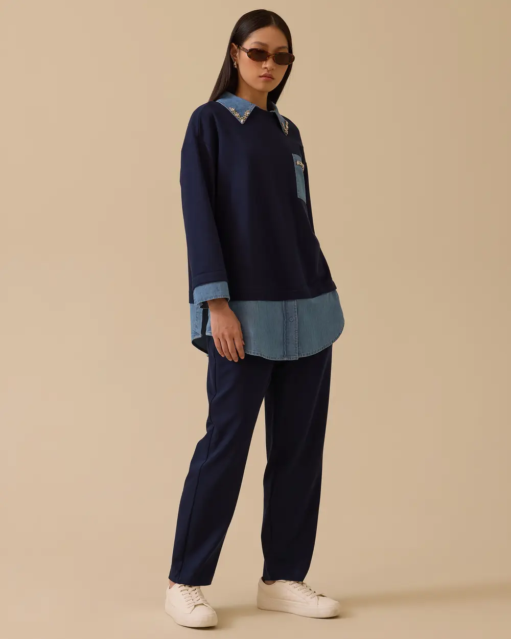 Çift Kumaşlı Taş Detaylı Sweatshirt