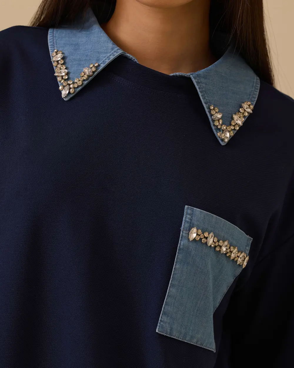 Çift Kumaşlı Taş Detaylı Sweatshirt