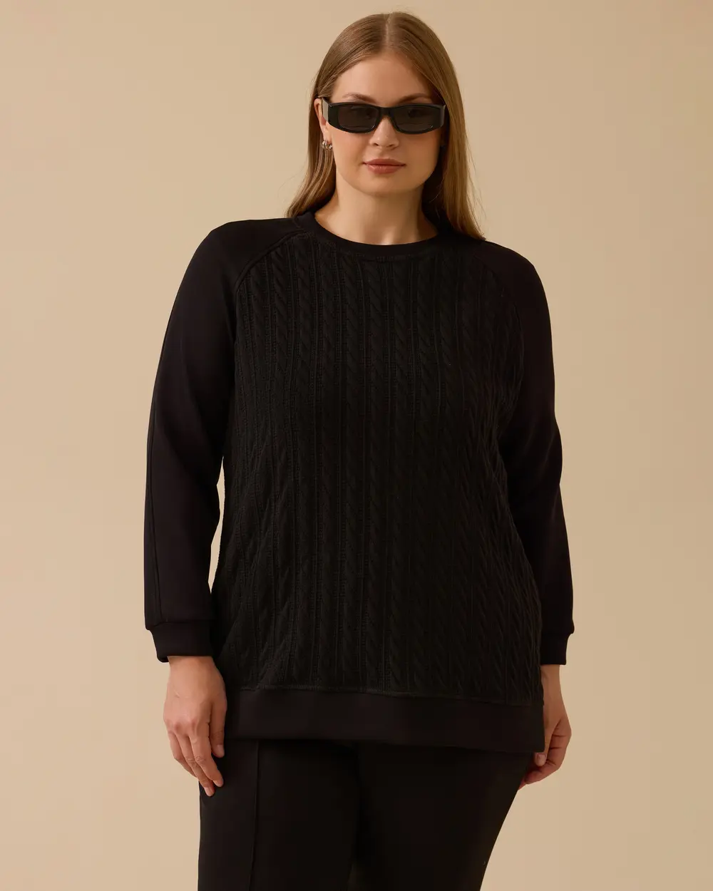 Büyük Beden Örgü Desenli Sweatshirt