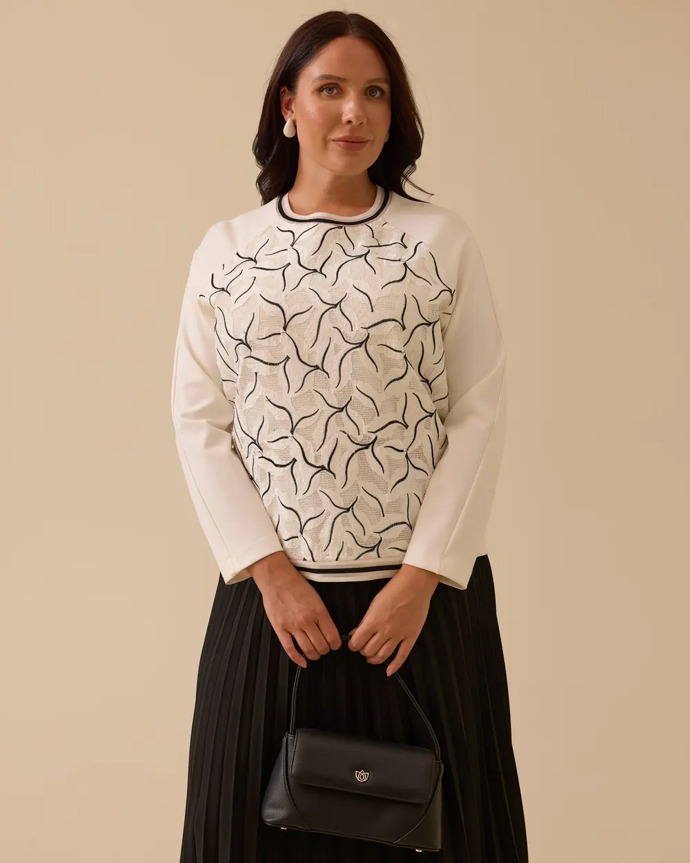 Büyük Beden Desenli File Detaylı Sweatshirt