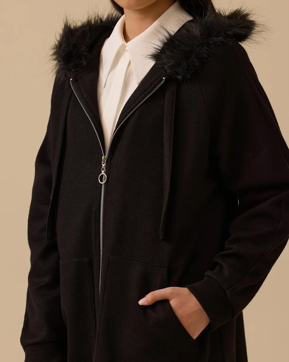 Suni Kürk Kapüşonlu Fermuarlı Kap