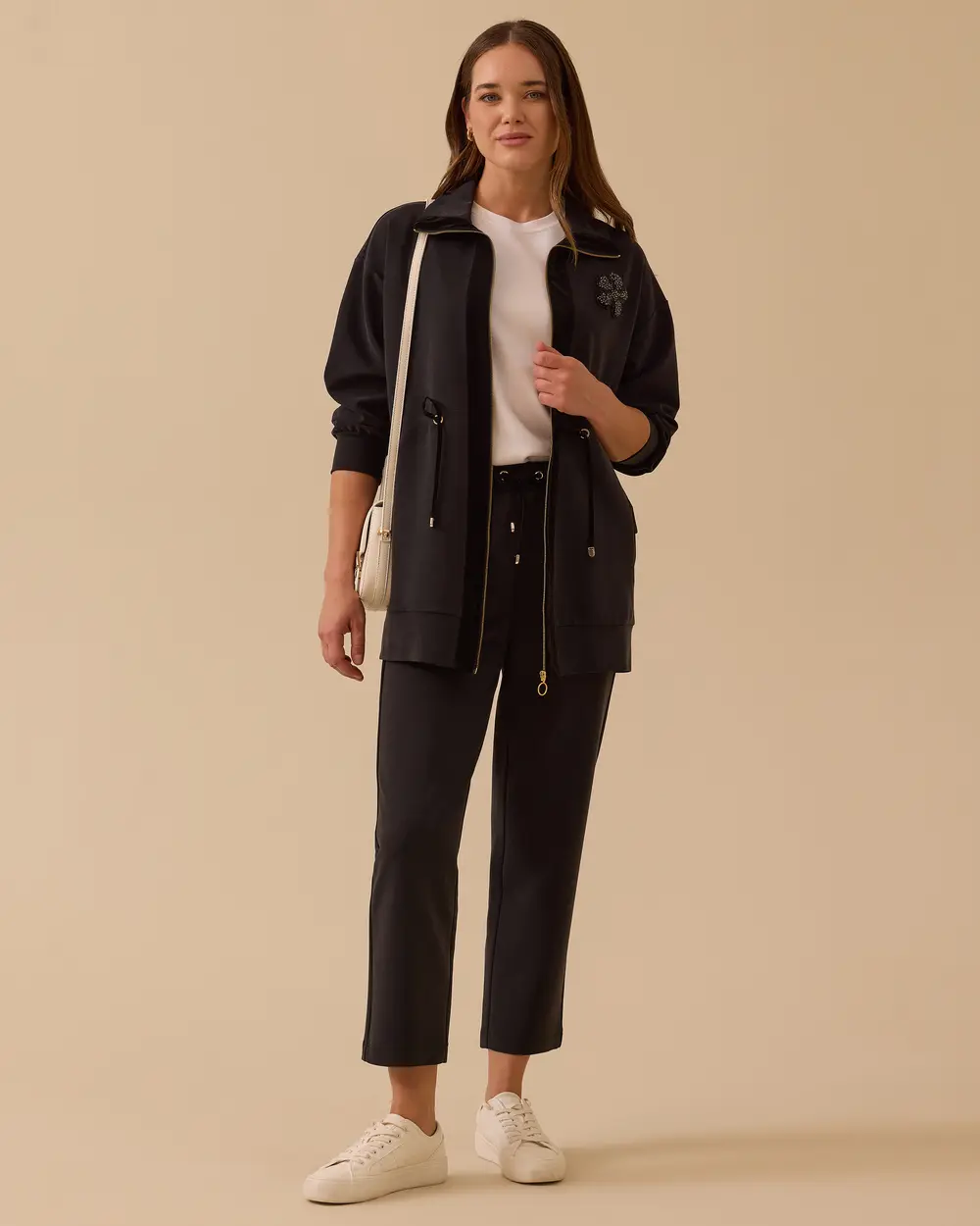 Stone Embroidered Double Fabric Zipper Cap