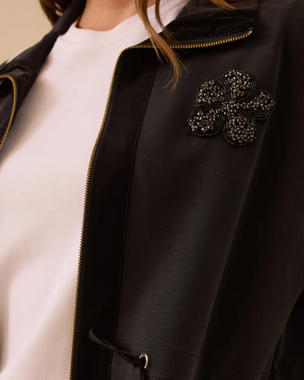 Stone Embroidered Double Fabric Zipper Cap