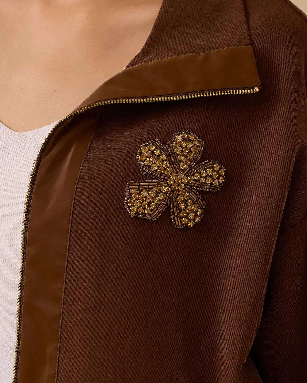 Stone Embroidered Double Fabric Zipper Cap