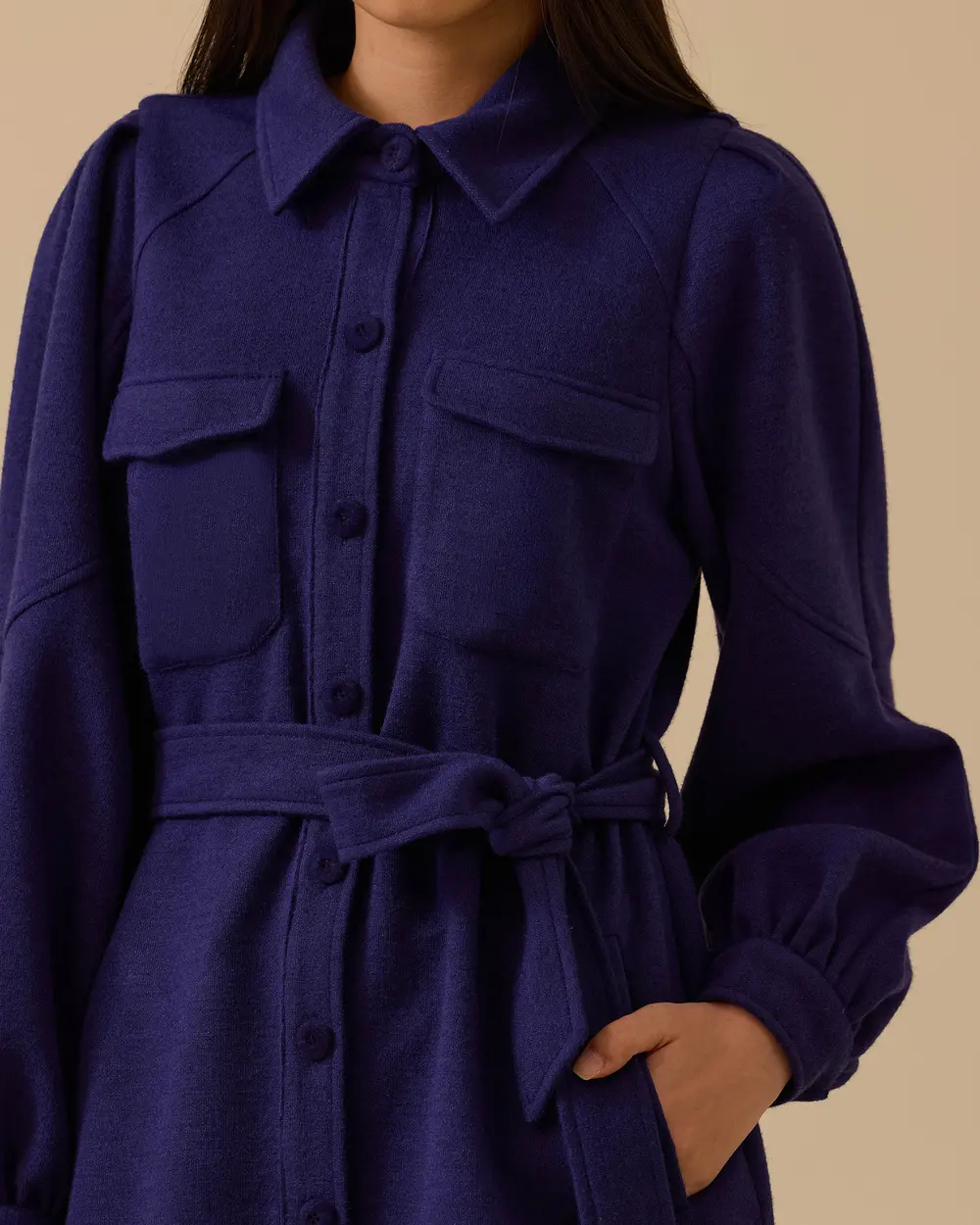 Düğmeli Cep Detaylı Kuşaklı Kap