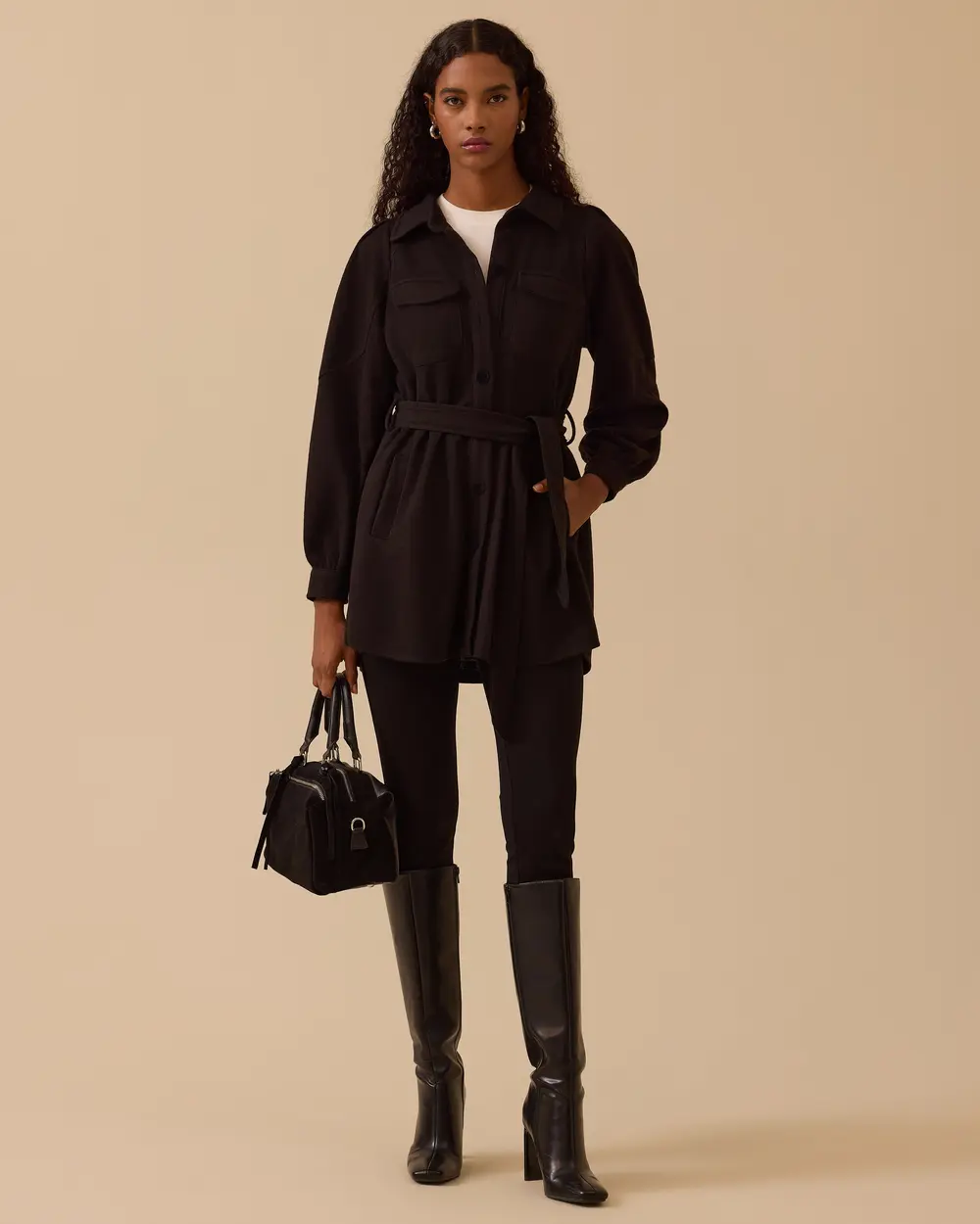 Düğmeli Cep Detaylı Kuşaklı Kap