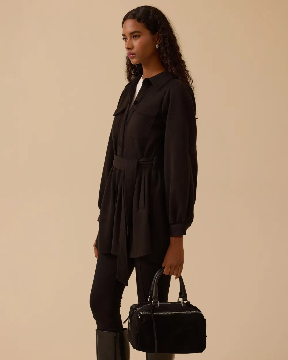 Düğmeli Cep Detaylı Kuşaklı Kap