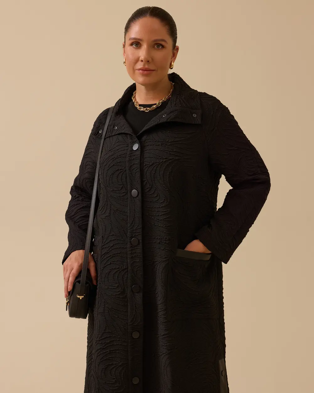 Büyük Beden Desenli Düğmeli Uzun Kap