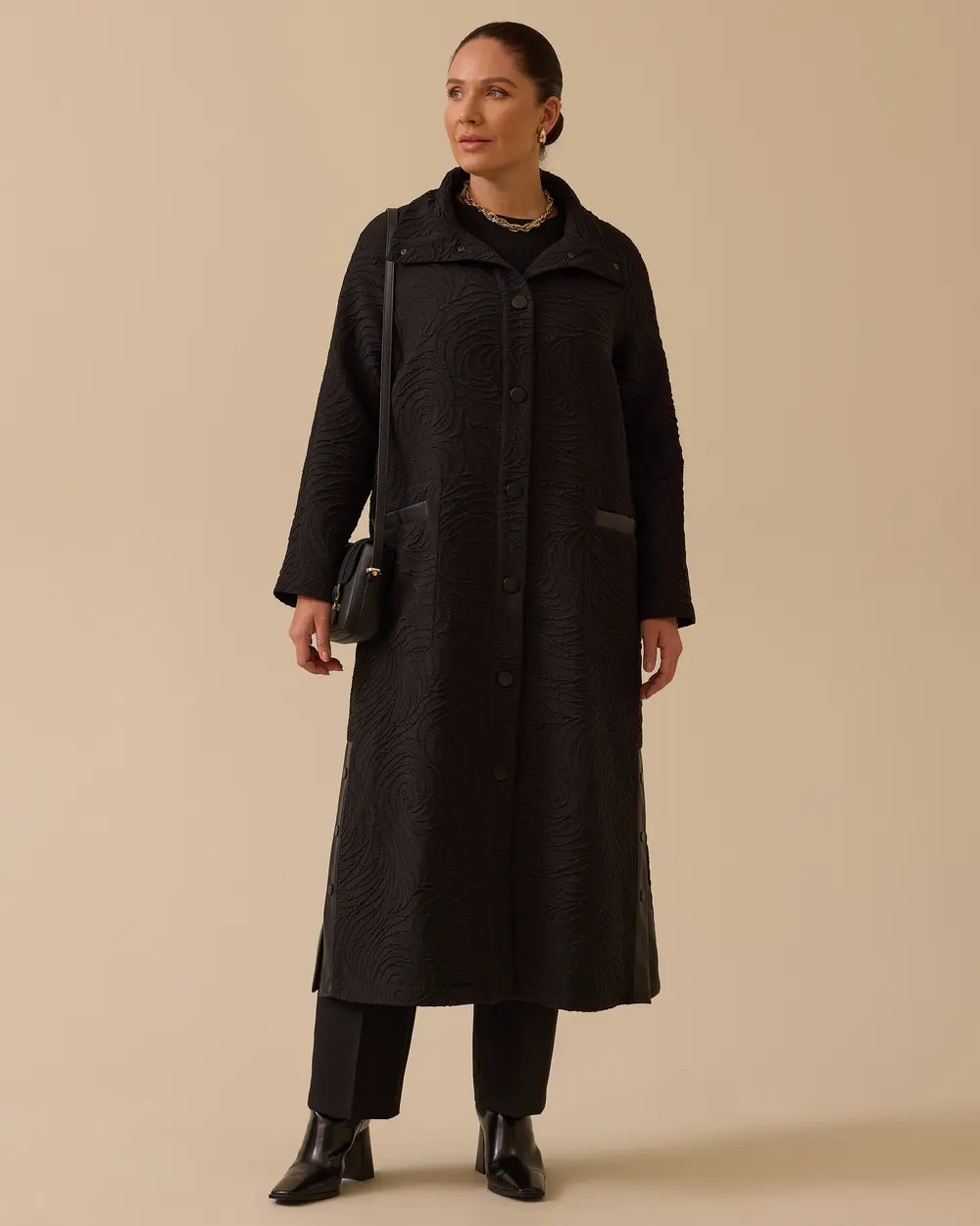 Büyük Beden Desenli Düğmeli Uzun Kap