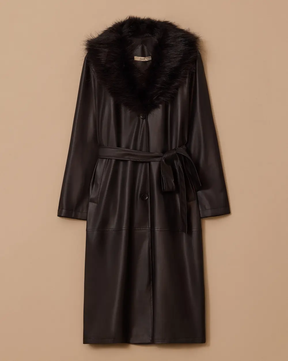 Belted Faux Leather Overcoat