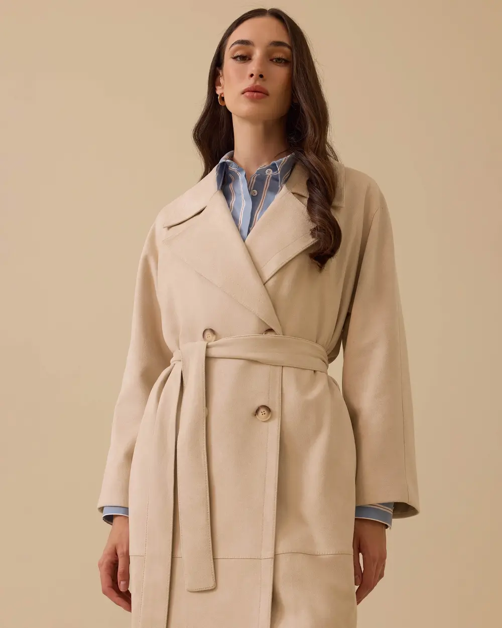 Kruvaze Kuşaklı Midi Süet Pardesü