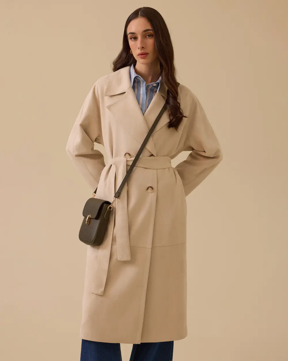 Kruvaze Kuşaklı Midi Süet Pardesü