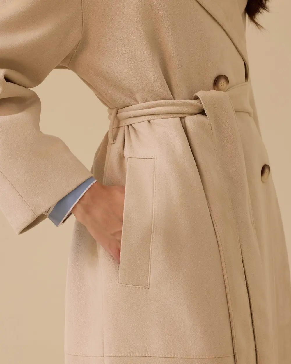 Kruvaze Kuşaklı Midi Süet Pardesü