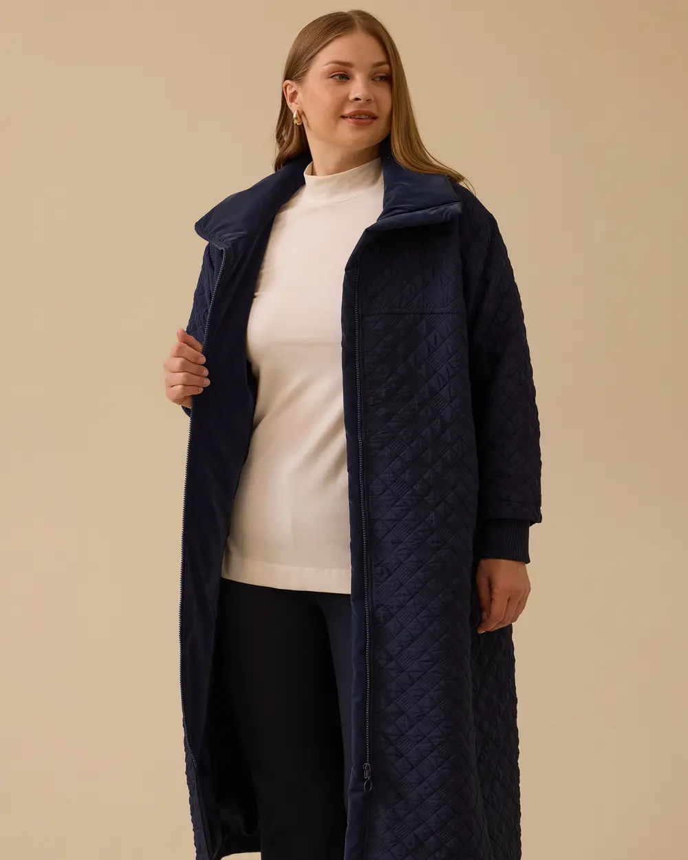 Büyük Beden Kapitone Fermuarlı Pardesü