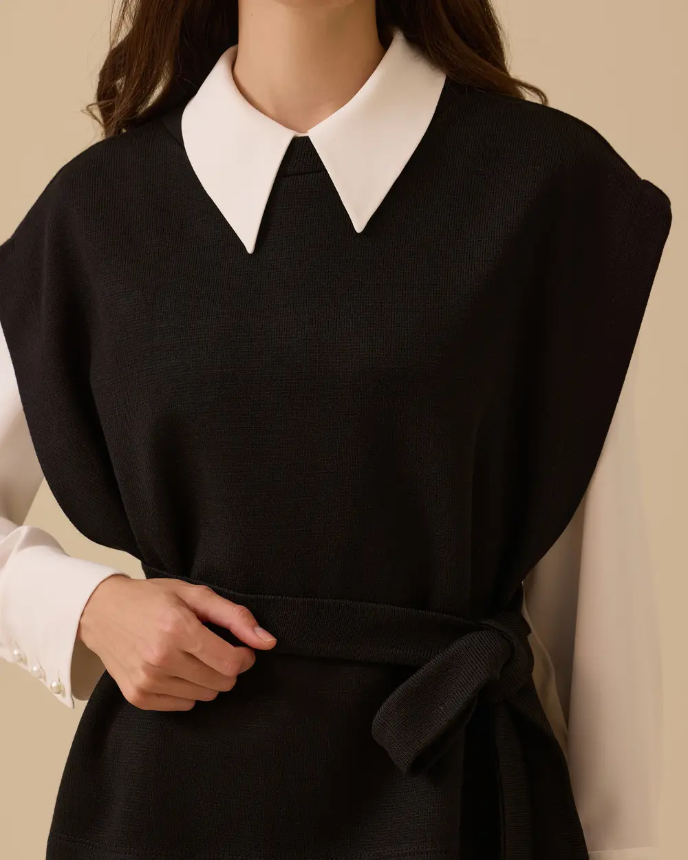 Gömlek Yaka Kuşaklı Süveter Takım