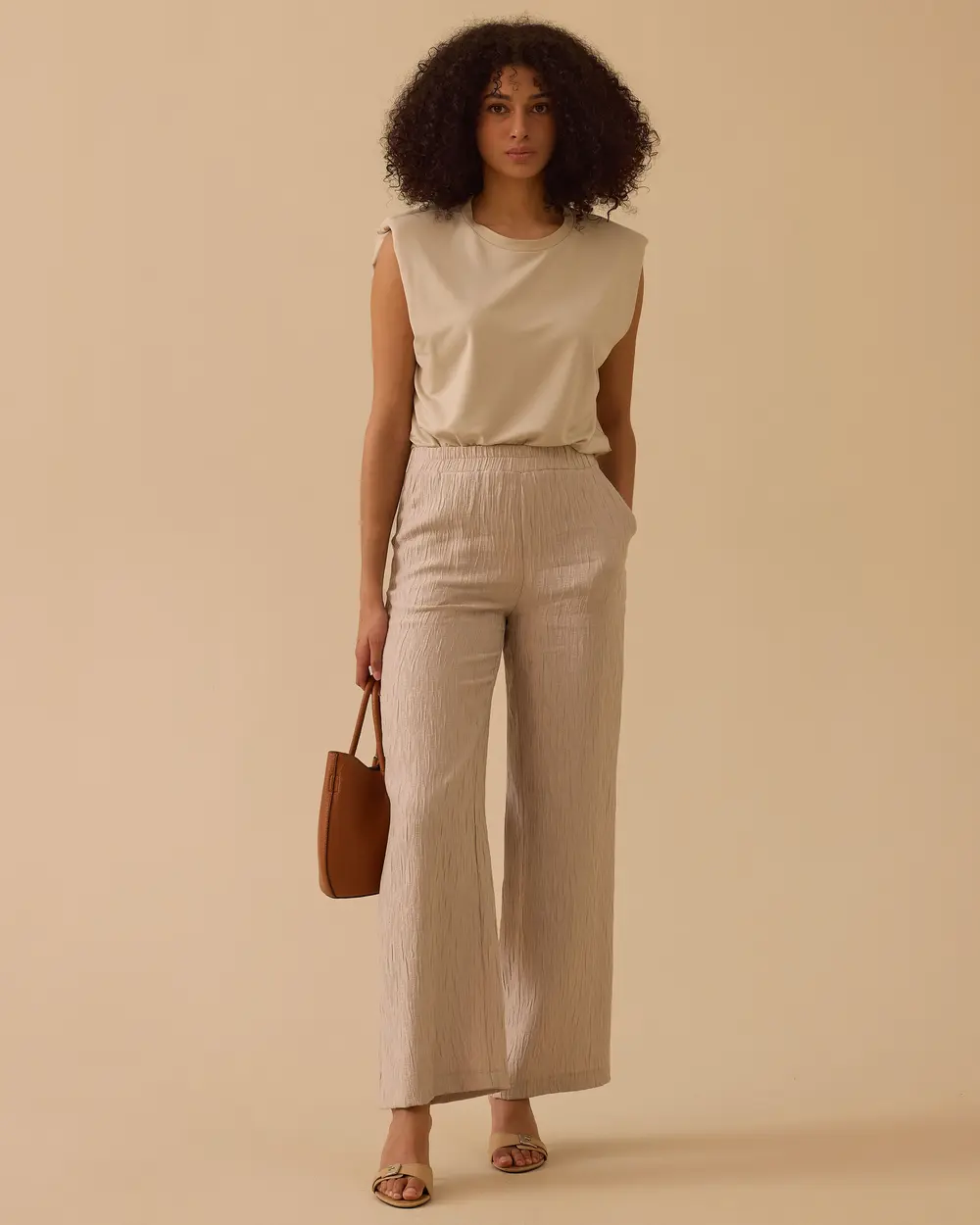 Elastik Bel Geniş Paça Krinkle Pantolon