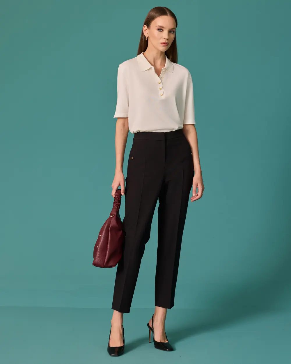 Metal Düğme Detaylı Düz Paça Pantolon