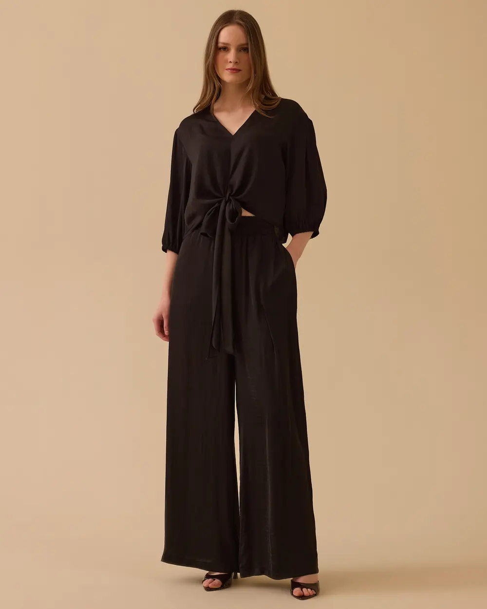 Saten Görünümlü Wide Leg Pantolon