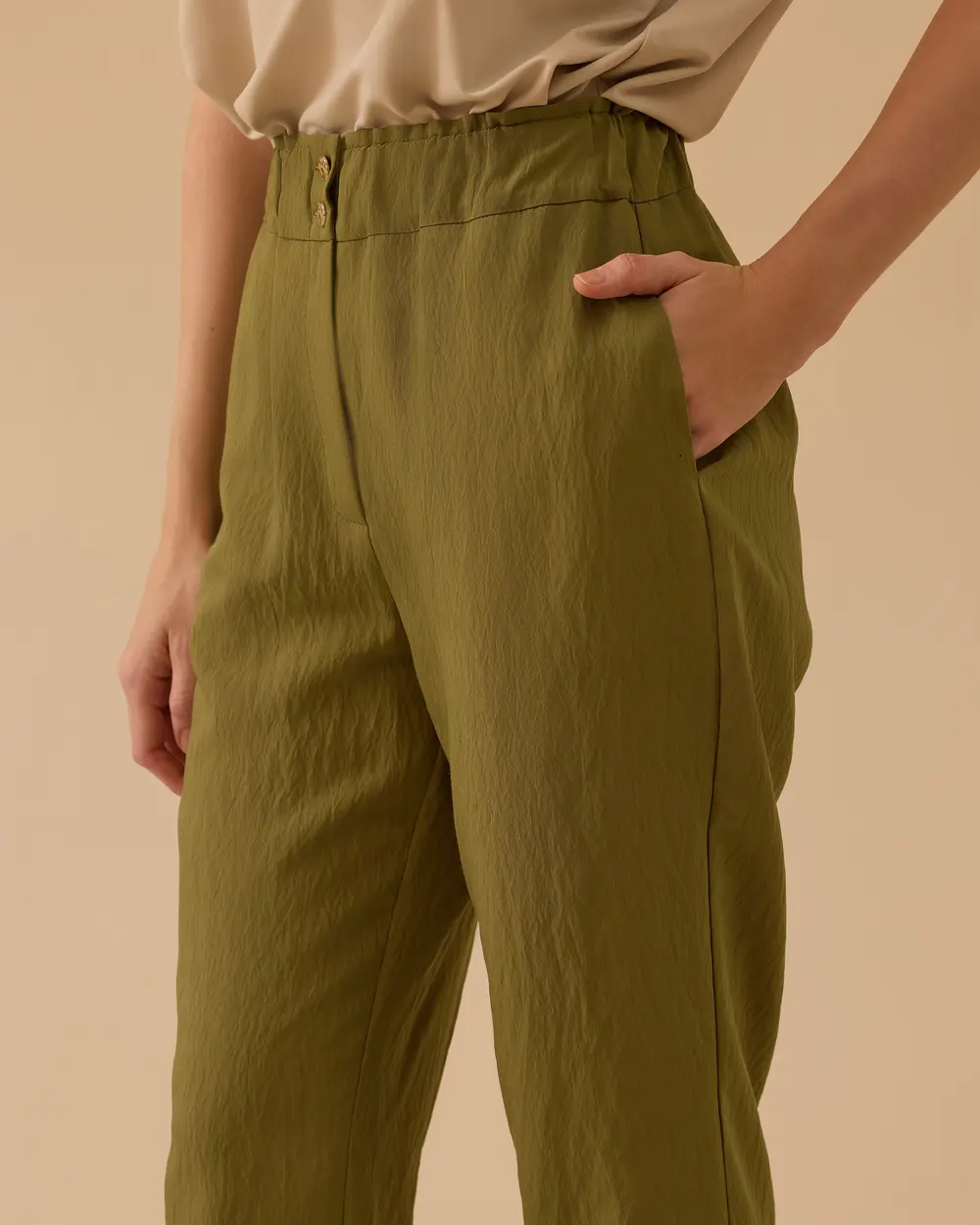 Button-Detail Elastic-Waist Pants