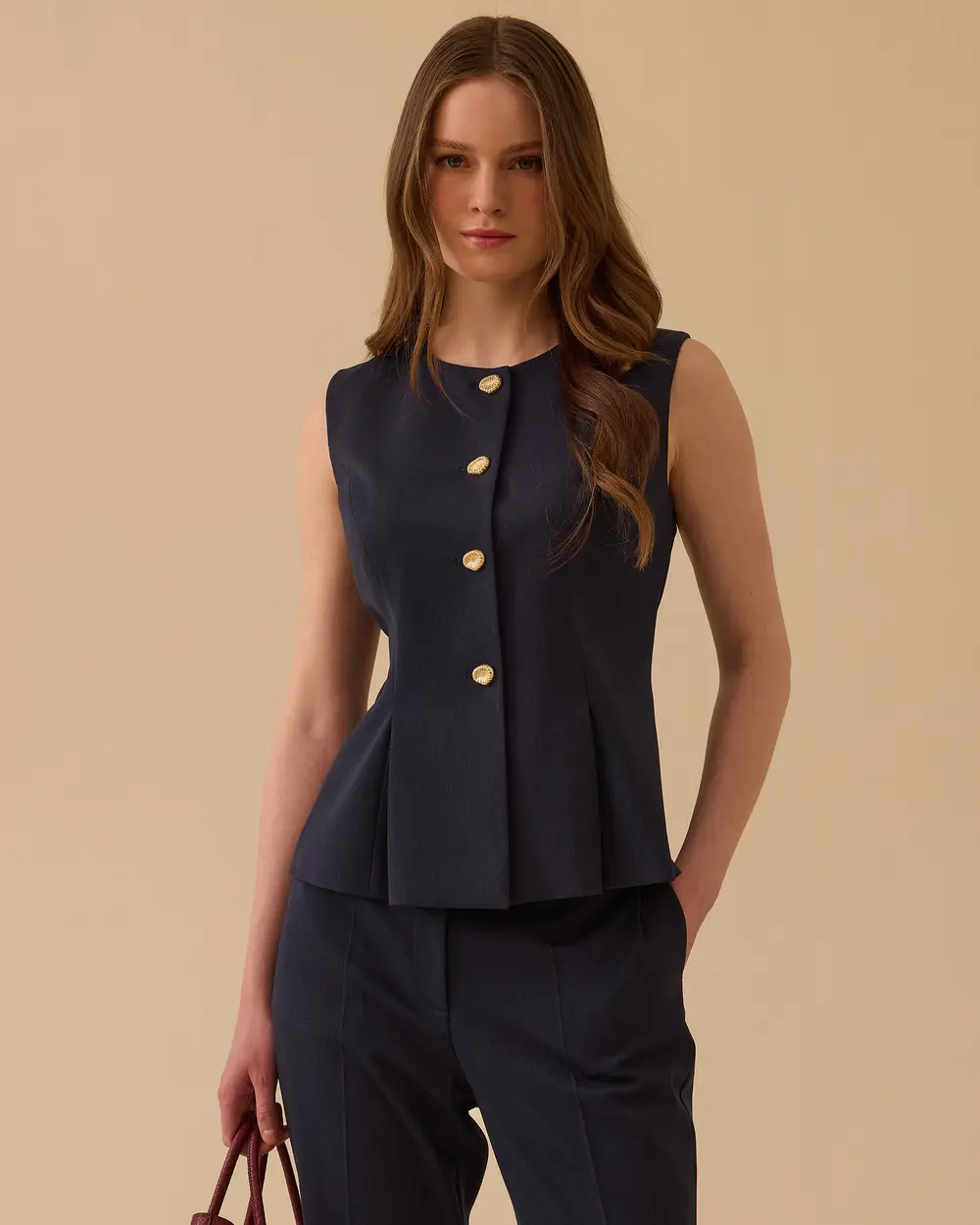 Pile Detaylı Düğmeli Yelek