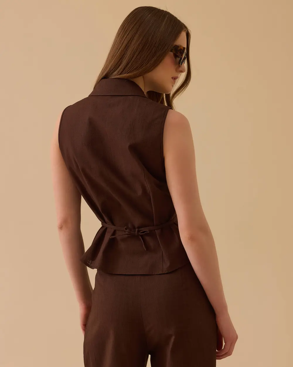 Pleated Linen Vest with Binding Detail