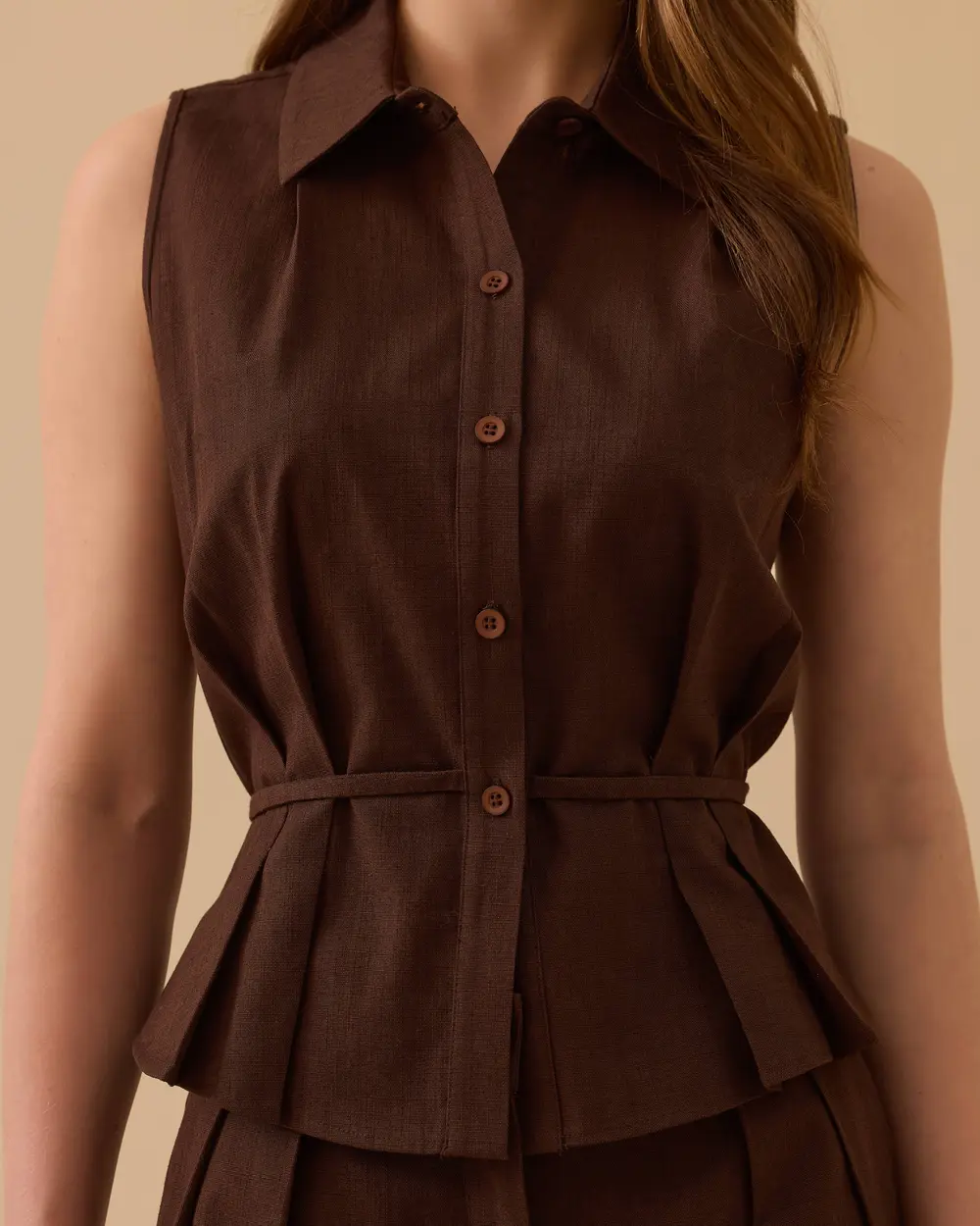 Pleated Linen Vest with Binding Detail
