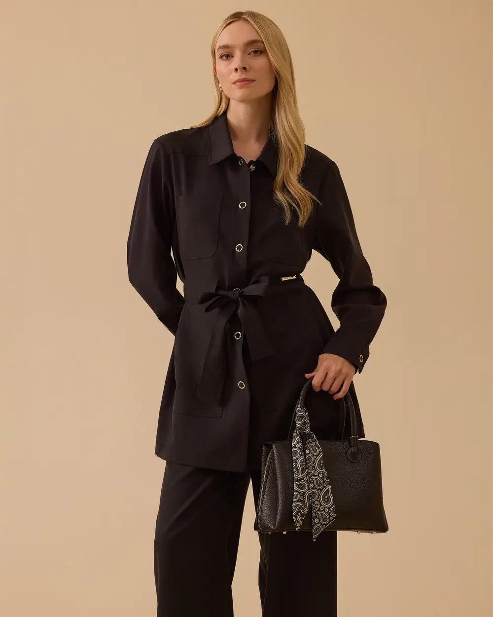 Bağlama Detaylı Cepli Ceket