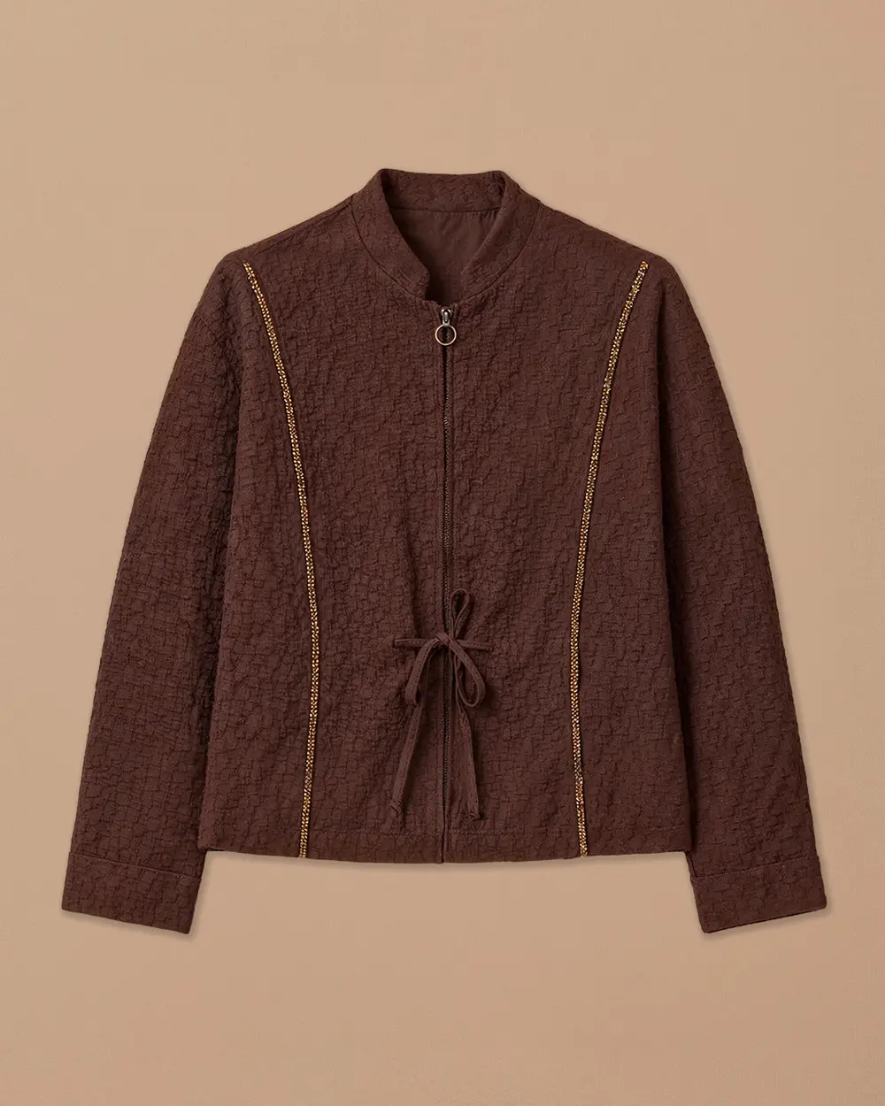 Desenli Fermuarlı Gofre Ceket