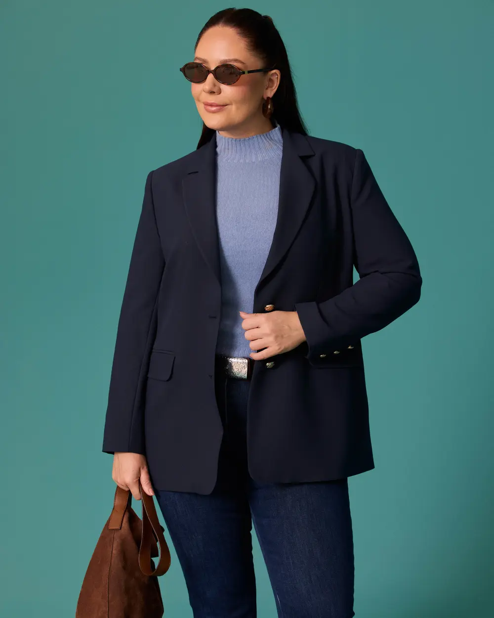 Plus-Size Classic-Collar Blazer Jacket with Gold Button Details