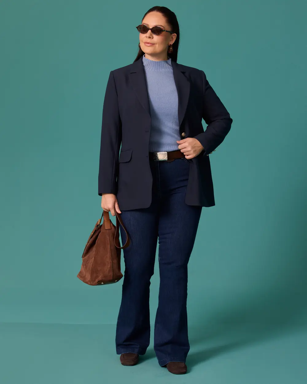 Plus-Size Classic-Collar Blazer Jacket with Gold Button Details