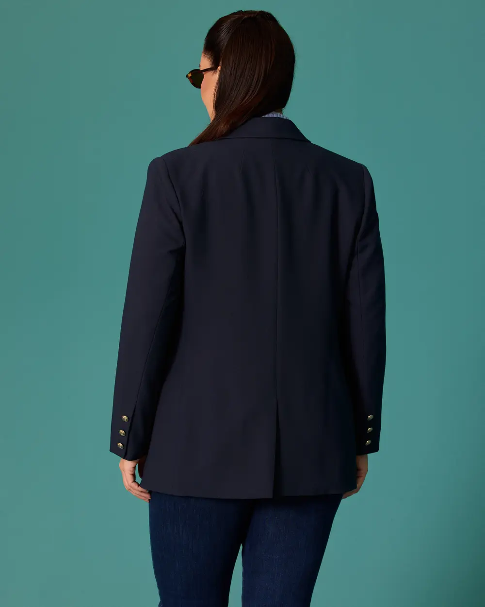 Plus-Size Classic-Collar Blazer Jacket with Gold Button Details