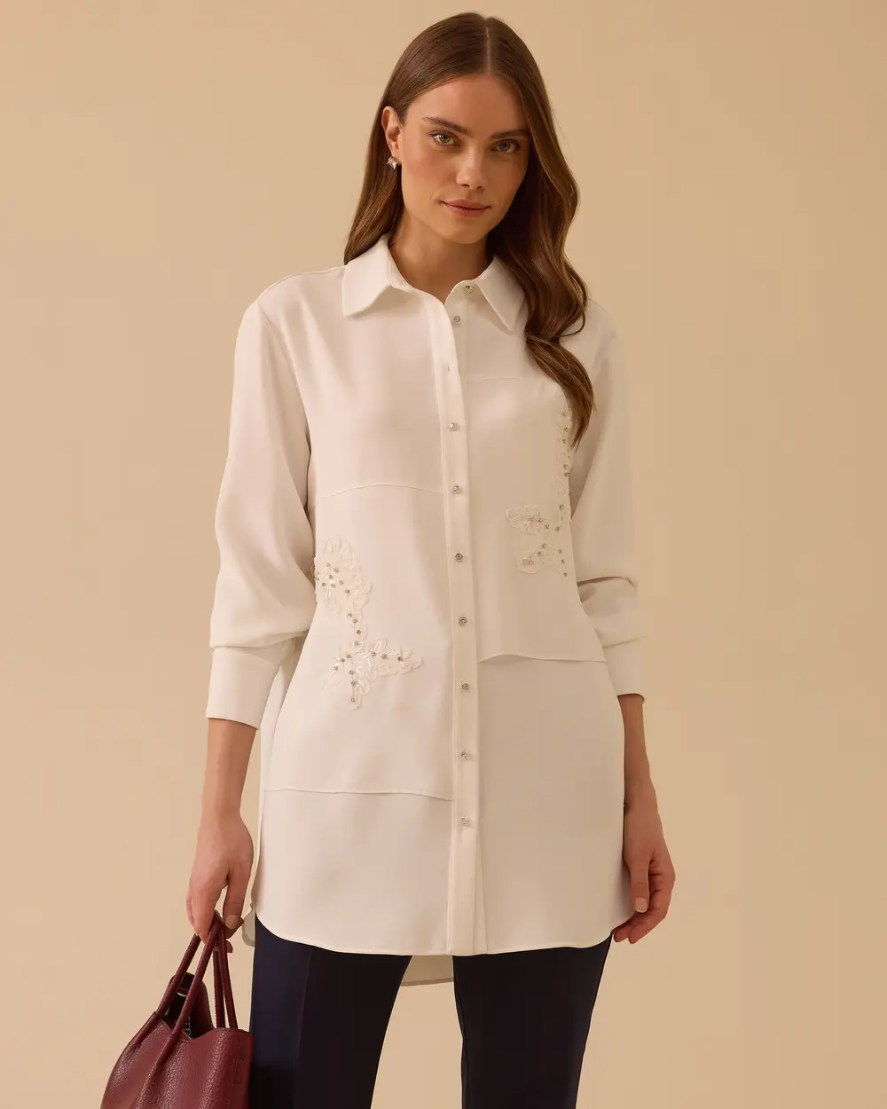 Long Tunic with Embroidered Stone Details and Buttons