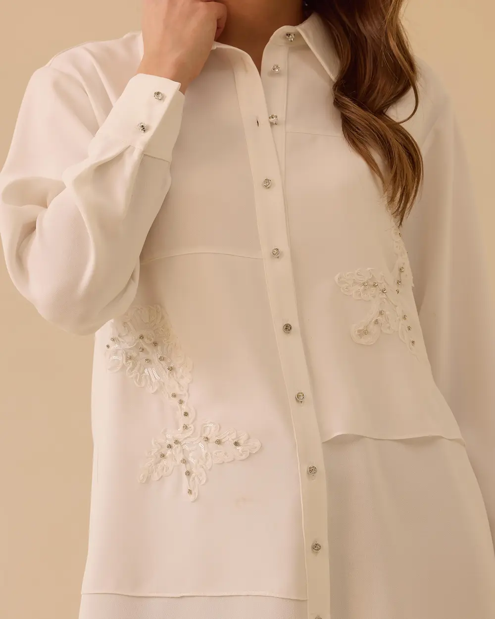 Long Tunic with Embroidered Stone Details and Buttons