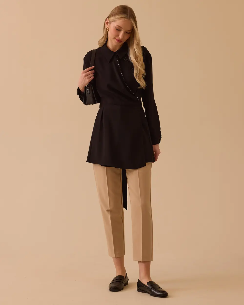 Bağlama Detaylı Gömlek Yaka Tunik