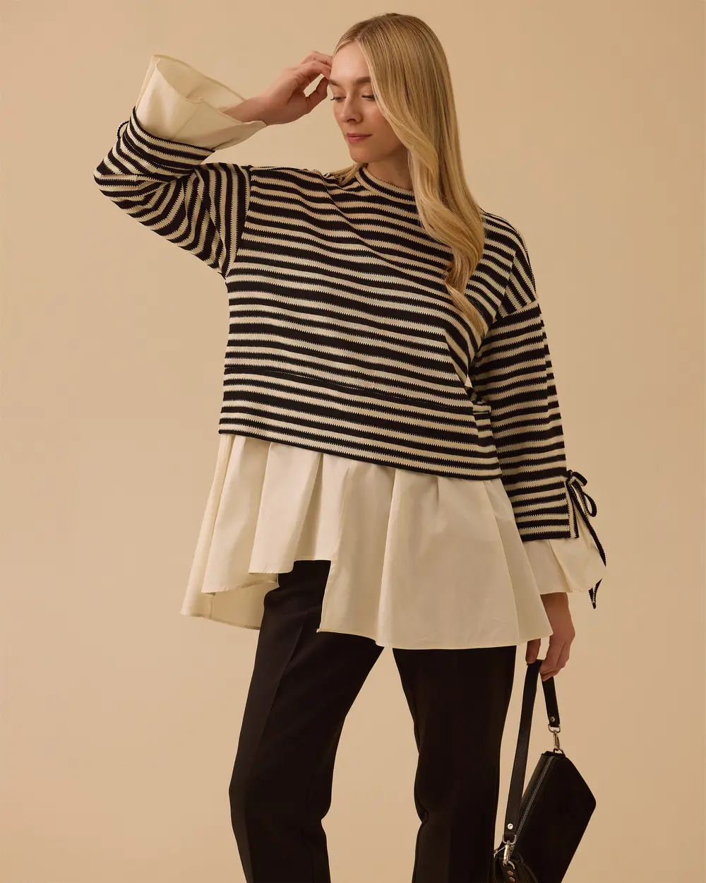 Çift Kumaşlı Çizgili Gömlek Detaylı Tunik