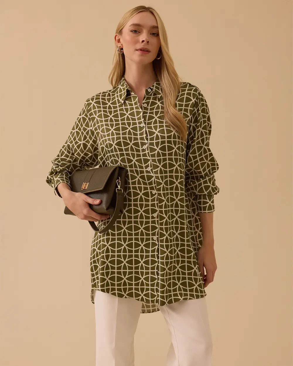 Shirt Collar Patterned Crepe Fabric Tunic