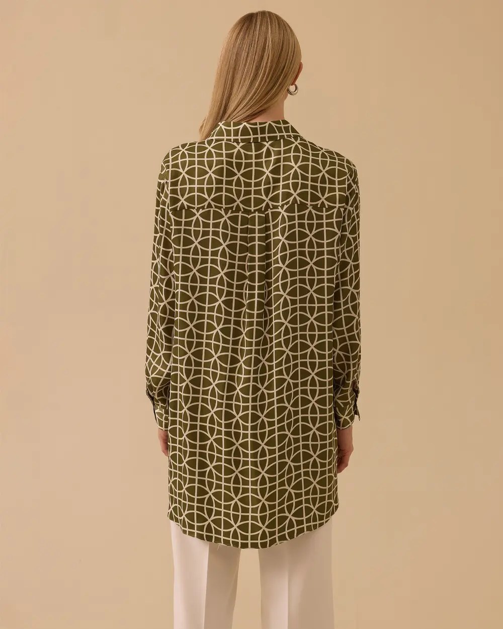 Shirt Collar Patterned Crepe Fabric Tunic