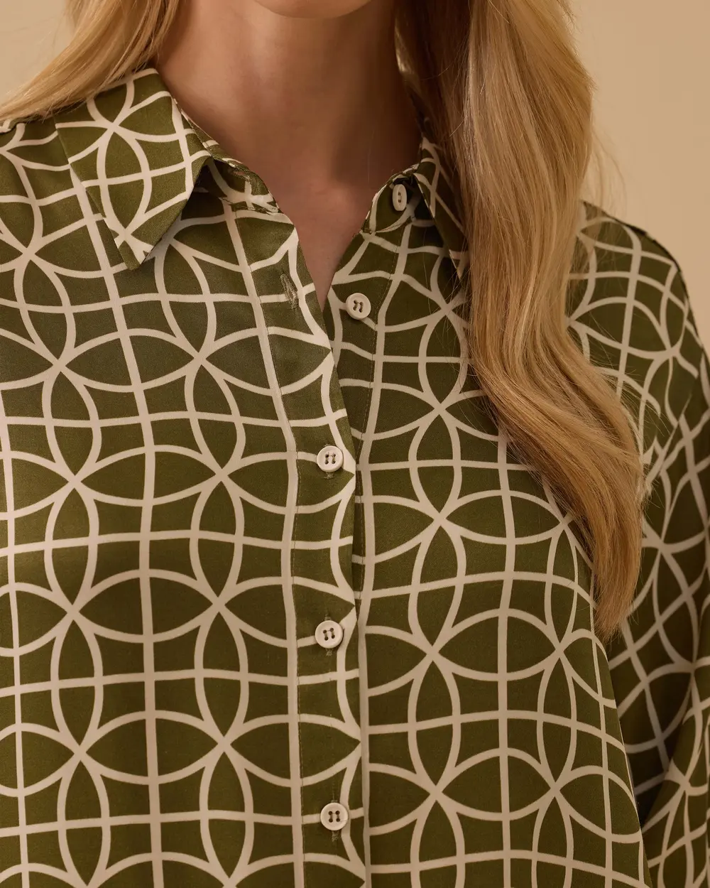 Shirt Collar Patterned Crepe Fabric Tunic