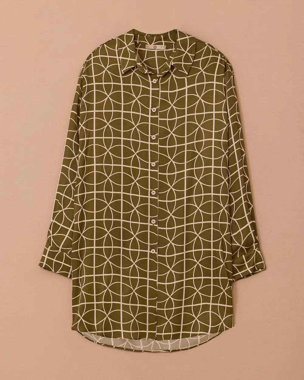 Shirt Collar Patterned Crepe Fabric Tunic