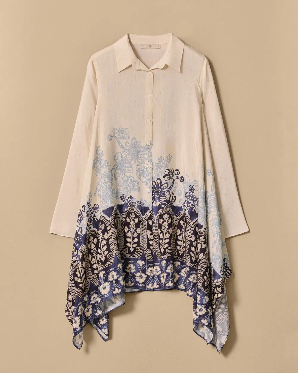 Keten  Görünümlü Desenli Oversize Tunik