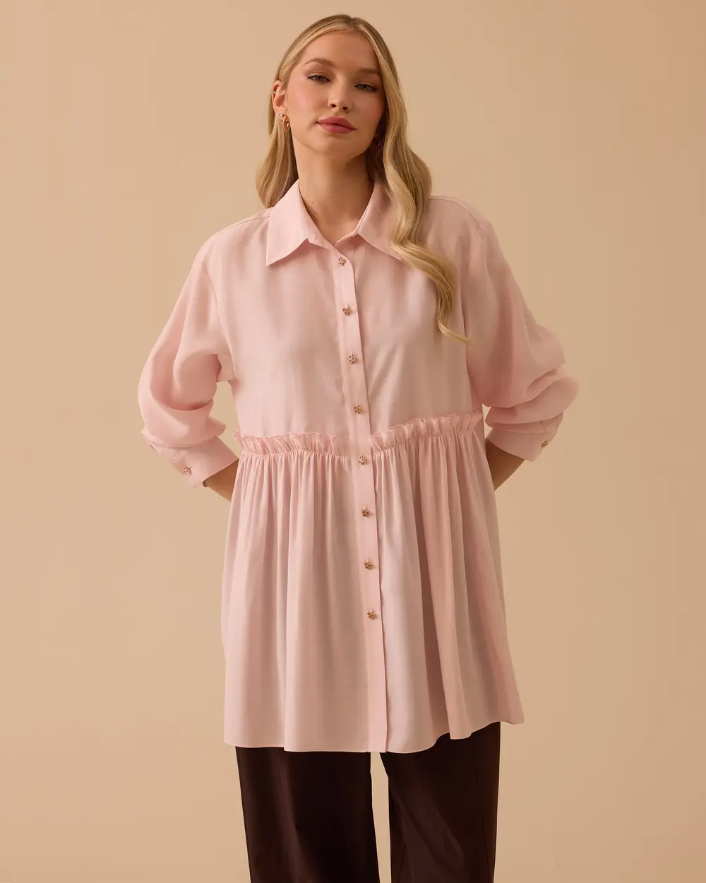 Büzgü Detaylı Oversize Gömlek Yaka Tunik