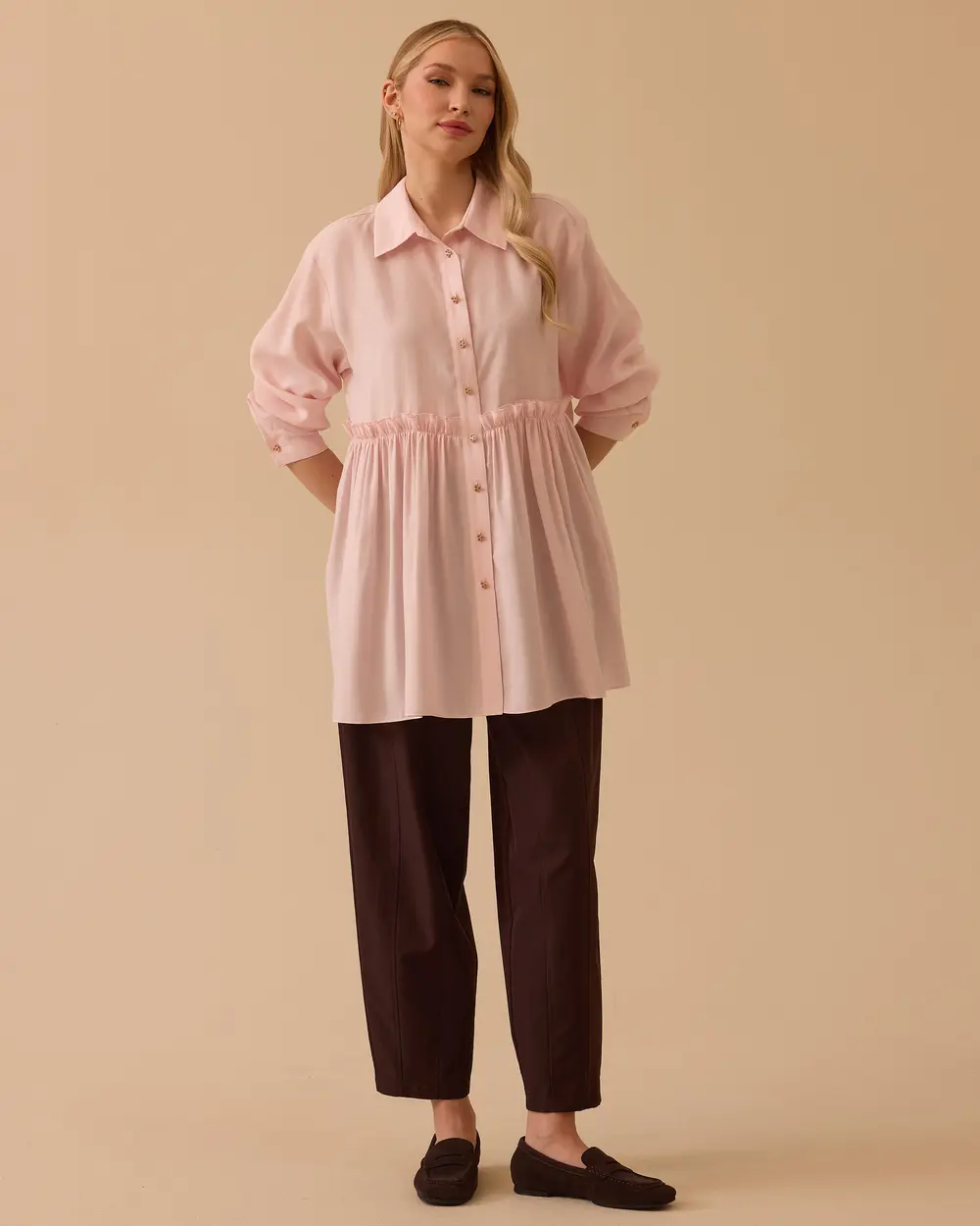 Büzgü Detaylı Oversize Gömlek Yaka Tunik