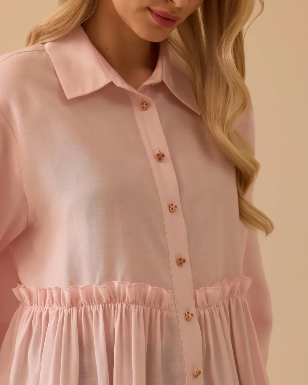 Büzgü Detaylı Oversize Gömlek Yaka Tunik