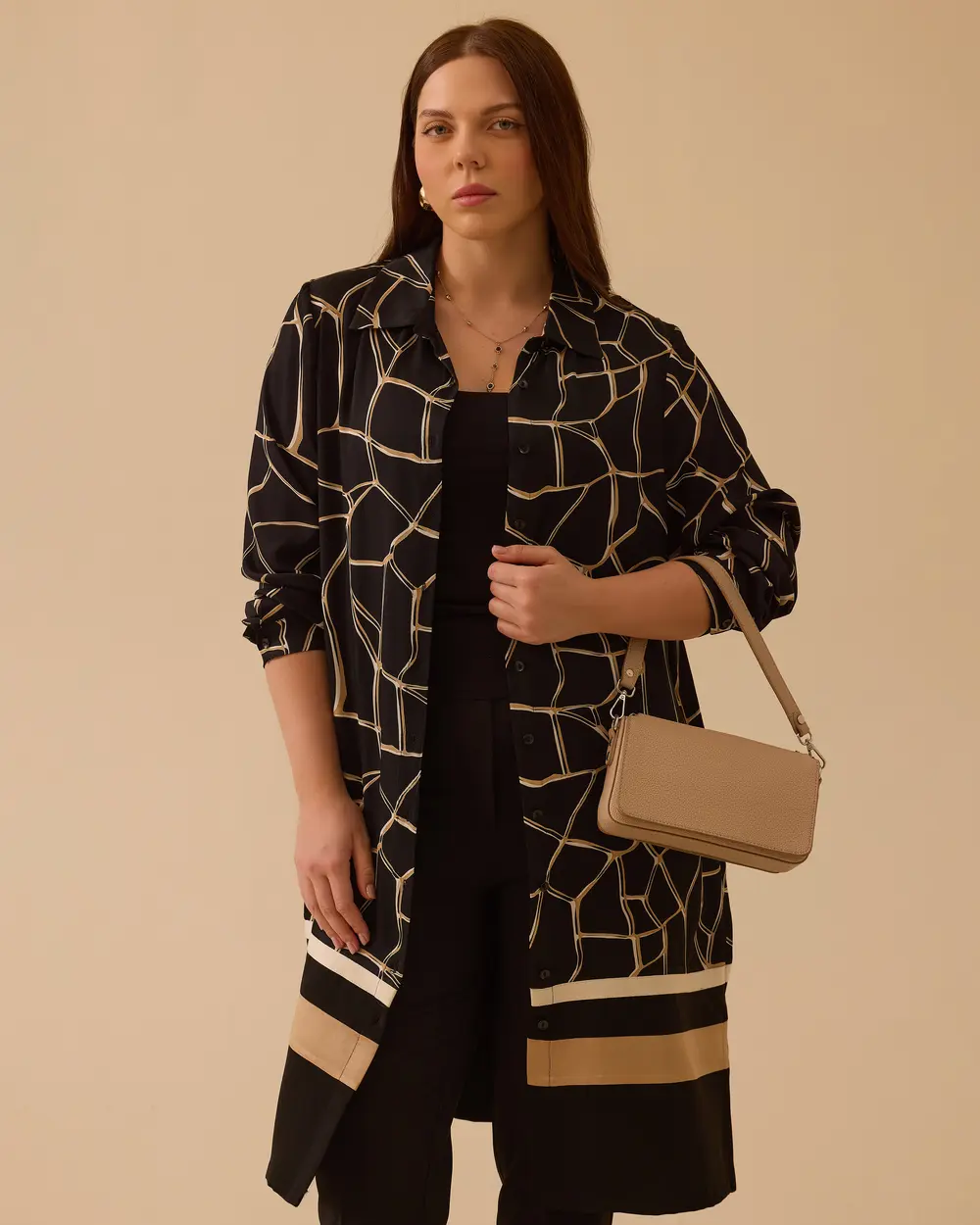 Büyük Beden Desenli Uzun Kollu Tunik